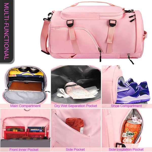 Gym Bag for Women Men, Sports Duffle bag with Shoes Compartment, Travel Weekender Overnight Carry On Backpack with Side Zippered Dry Wet Separated Bag Pink