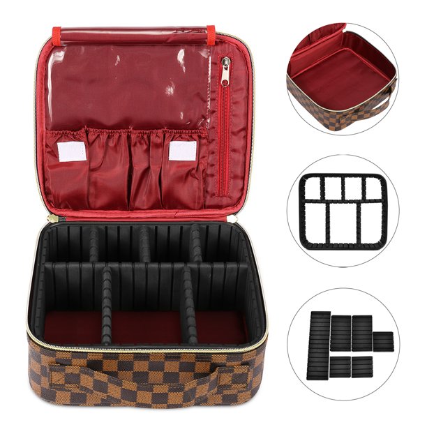 Makeup Bag for Women Checkered Travel Case Leather Cosmetic