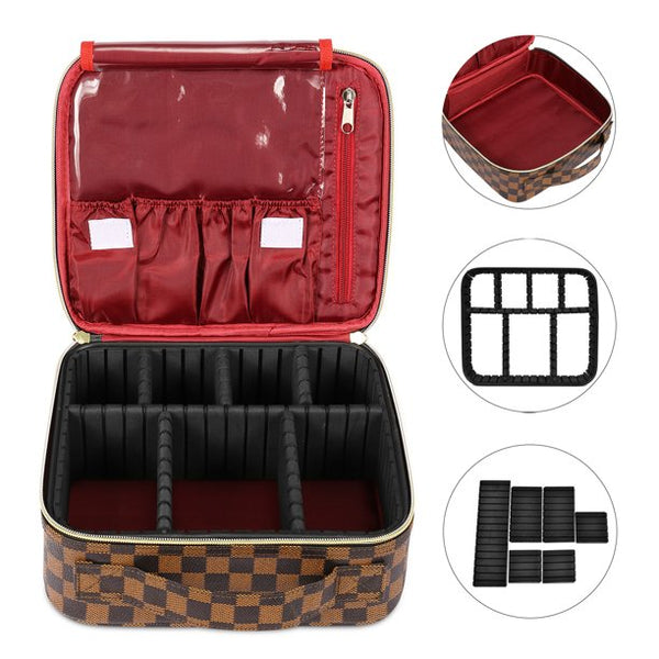 Makeup Bag for Women Checkered Travel Case Leather Cosmetic Organizer Tools Toiletry Jewelry