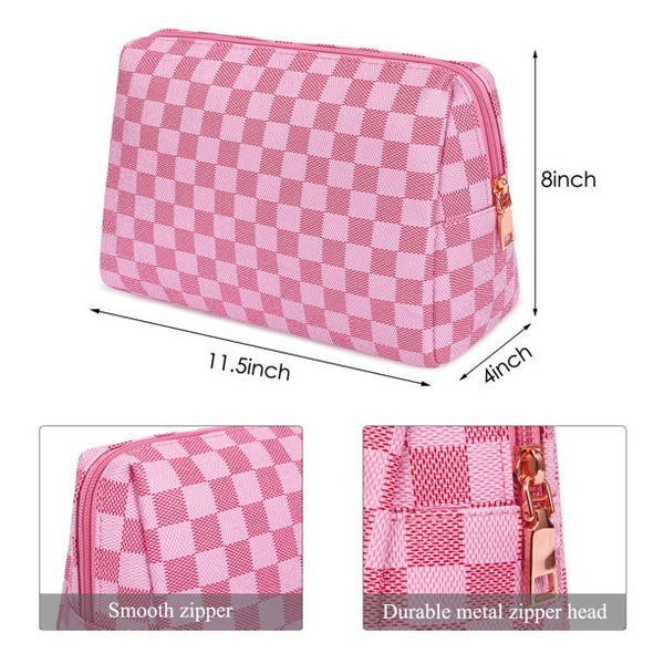 Travel Makeup Bag for Women Checkered Cosmetic Pouch Vegan Leather Large Retro Toiletry Bag (Pink)