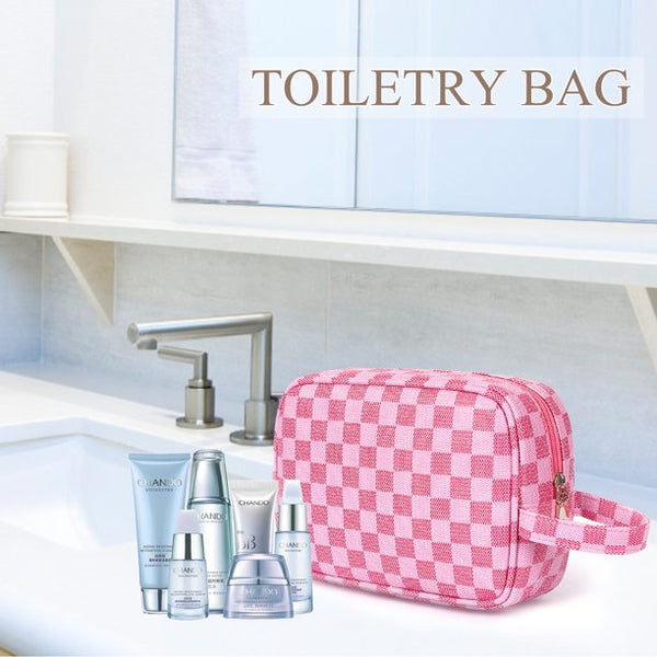 Toiletry Bag for Women, Pink Checkered Cosmetics Makeup Bag Organizer Case for Accessories, Shampoo, Travel Sized Container, Essentials
