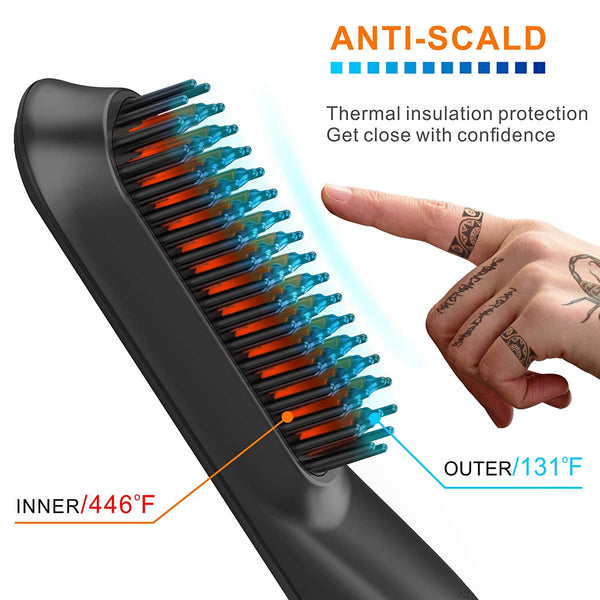 Electric Hair Straightener Heated Comb for Men, Professional Travel Anti-Scald Beard Straightener Brush with Portable Travel Bag