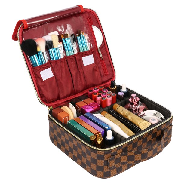 WISAGI Makeup Bag Cosmetic Bag, Checkered Makeup Bag, Large Capacity Travel  Cosmetic Bag for Women, PU Leather Travel Makeup Bag with Dividers and