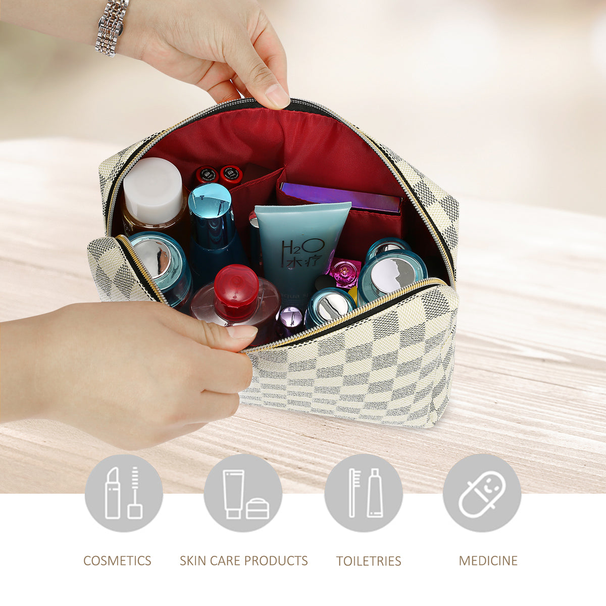 Travel Makeup Bag for Women Checkered Cosmetic Pouch Vegan Leather