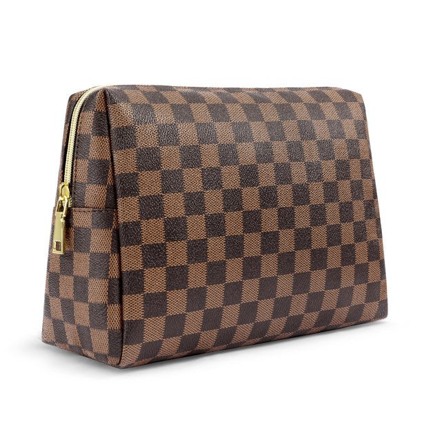 Luxury Checkered Make Up Bag  PU Vegan Leather Cosmetic toiletry