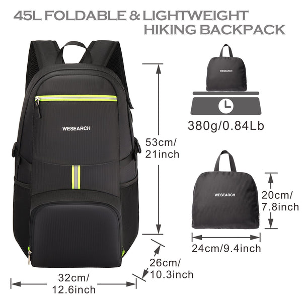 45L Lightweight Packable Hiking Backpack for Men Women, Water Resistant Foldable Travel Daypack for Vacation Camping Outdoor Sport (Black)
