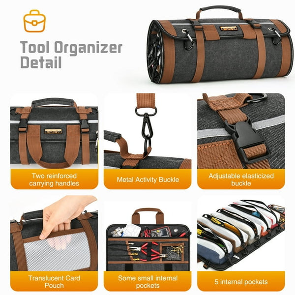 Tool Organizers - Small Tool Bag W/Detachable Pouches, Heavy Duty Roll Up Tool Bag Organizer : 7 Tool Pouches - Gifts for him Tool Roll Organizer For Mechanic, Electrician & Hobbyist