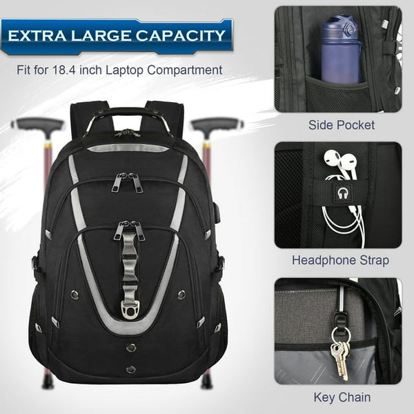 18.4" Laptop Backpack Extra Large 65L Travel Backpack for Men, TSA Friendly Hiking Backpack with USB Charging Port, Anti-theft Pocket, Water Resistant, Black