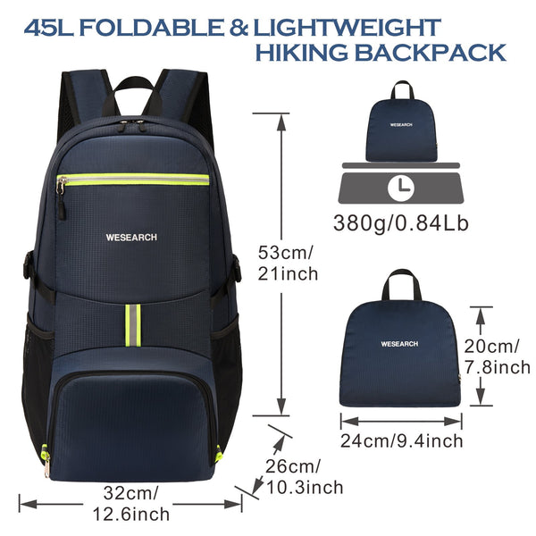 Lightweight Packable Backpack 45L, Foldable Travel Camping Hiking Outdoor Sports Backpack Daypack for Men Women (Blue)