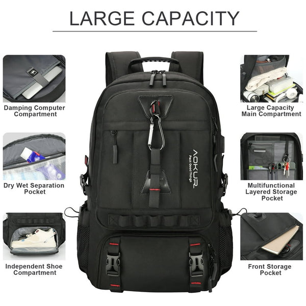 Upgraded Travel Laptop Backpack for Men Women, 17.3 inch Flight Approved Backpack with Wet Bag, 50L Expandable Hiking Backpack with Shoes Compartment, Waterproof, Black