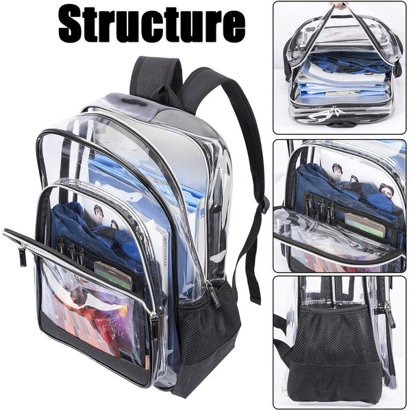 Upgraded Version - Clear Backpack See Through School Bags Basic Transparent Student Bookbag TSA Approved, See Through, Black
