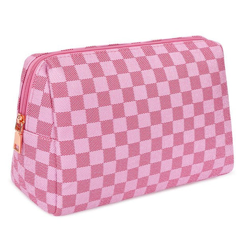 Travel Makeup Bag for Women Checkered Cosmetic Pouch Vegan Leather Large Retro Toiletry Bag (Pink)