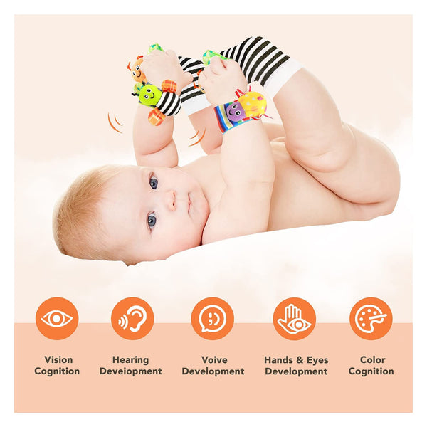 Baby Foot Finder & Wrist Rattle, Sensory Learning Toys for Infants Developmental, Unisex Newborn Socks Butterfly Bugs Set for 0-3, 3-6, 6-12 Months Babies