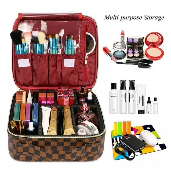 Makeup Bag for Women Checkered Travel Case Leather Cosmetic Organizer Tools Toiletry Jewelry