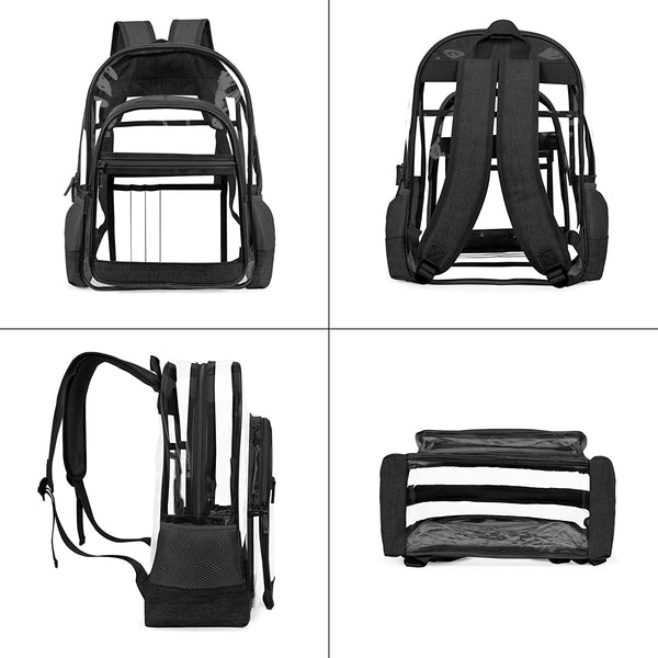 Upgraded Version - Clear Backpack See Through School Bags Basic Transparent Student Bookbag TSA Approved, See Through, Black