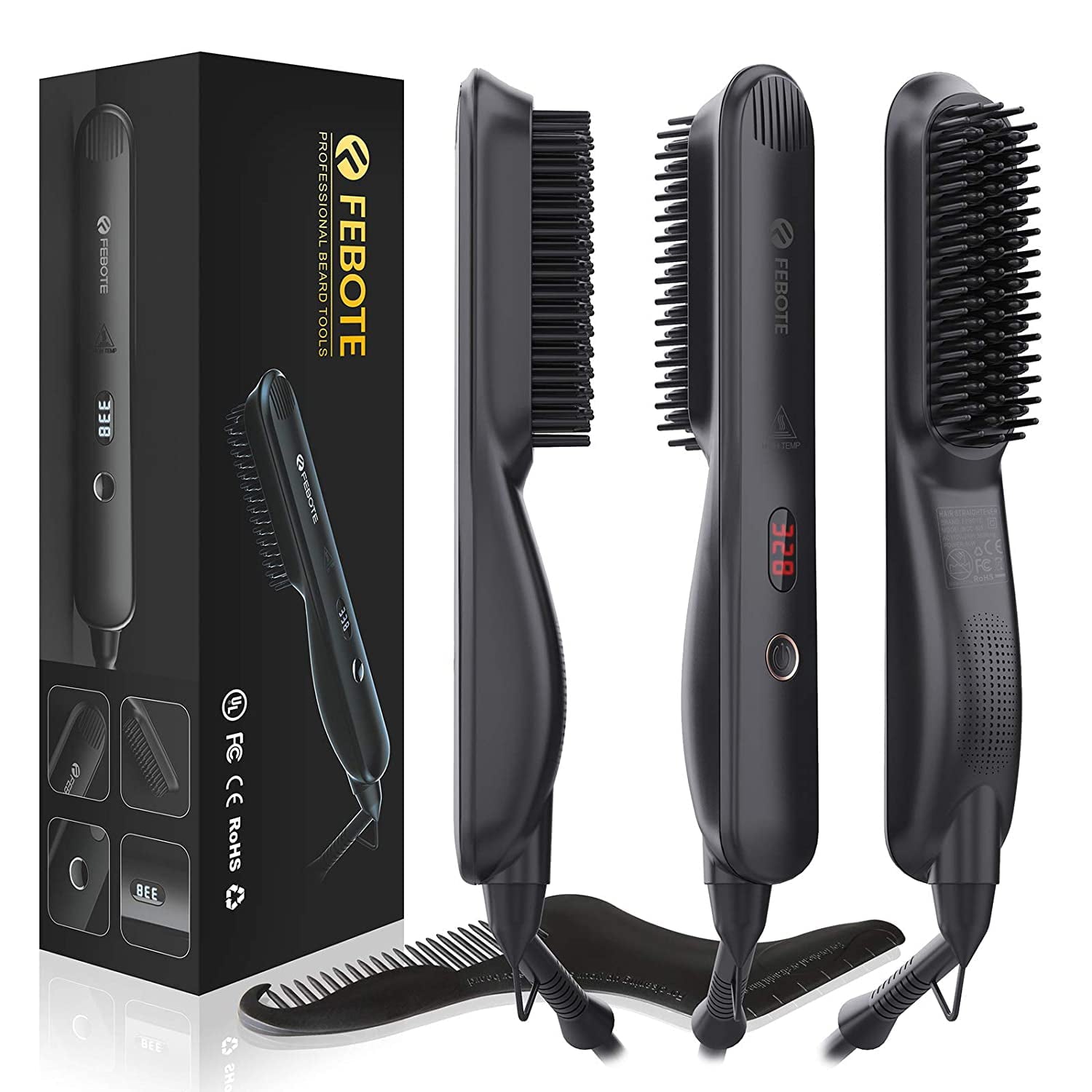 Electric Hair Straightener Heated Comb for Men, Professional Travel Anti-Scald Beard Straightener Brush with Portable Travel Bag