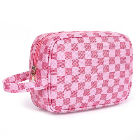 Toiletry Bag for Women, Pink Checkered Cosmetics Makeup Bag Organizer Case for Accessories, Shampoo, Travel Sized Container, Essentials